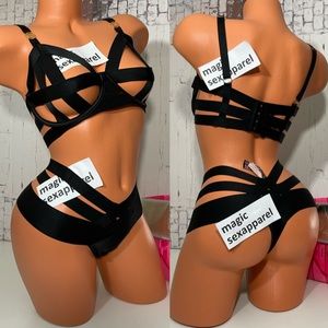 VS LUXE 34 36 38 BRA PANTY SET STRAPPY CAGED BONDED LOGO CUT OUT